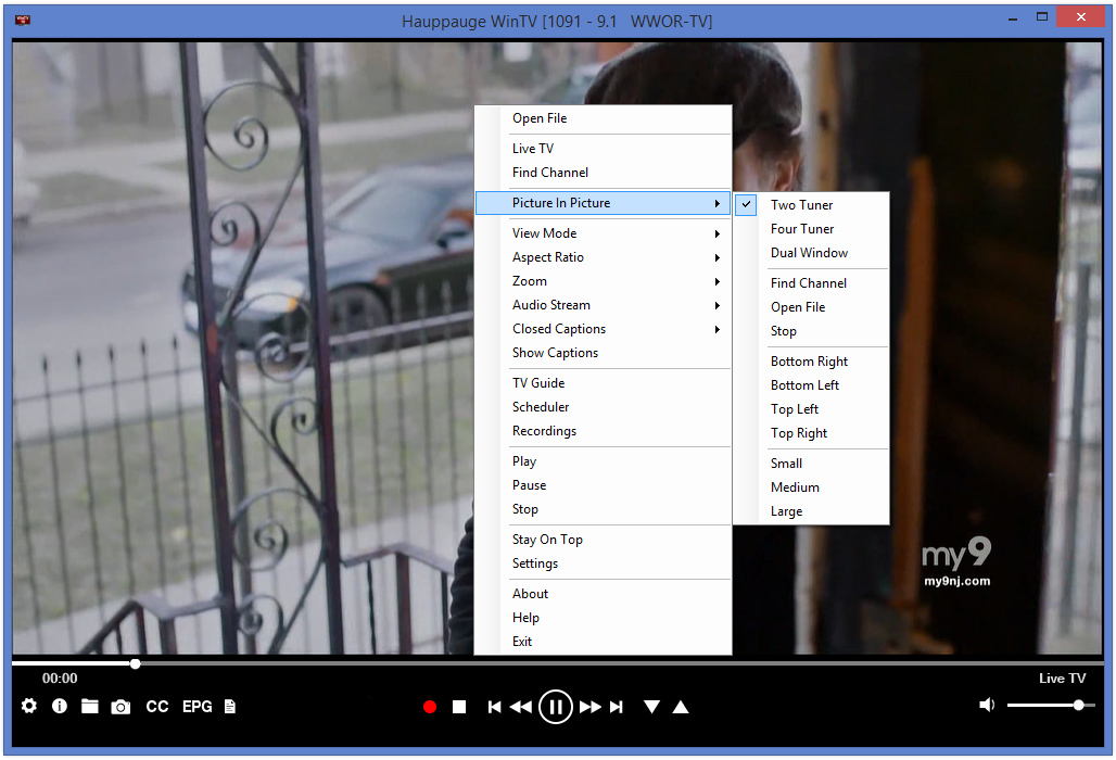 WinTV v10 main menu (context menu)